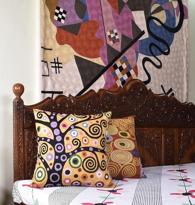 Klimt Yellow Tree of Life Pillow Cover Gold Floral Pillowcase Flower Botanical Gold Accent Suzani Sofa Cushions Kids Room Cushions Hand Embroidered Wool Size - 18x18