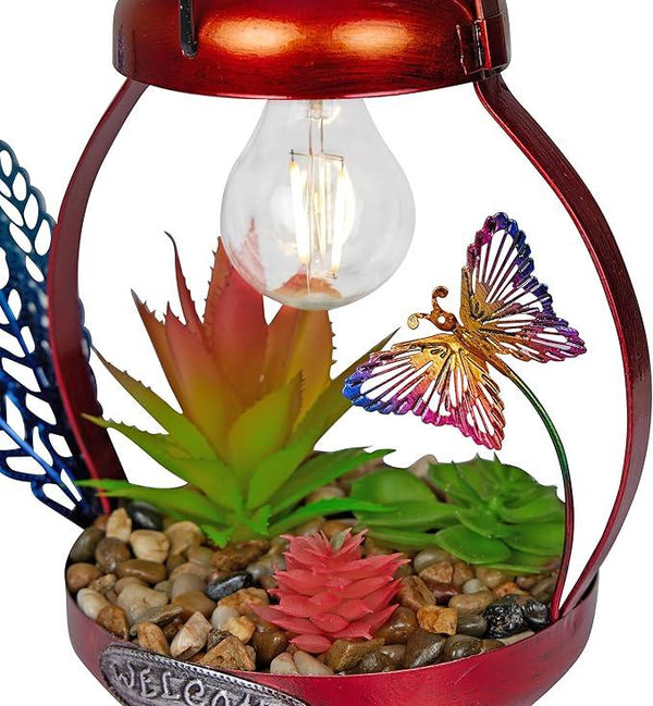 Alpine Corporation LYT286SLR-HH Solar-Powered Metal Rooster w/Garden Enclosed LED Light Decor, Solar Patio Decor, 16''H, Red