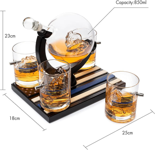 Police Officers Decanter - Whiskey and Wine Set 850ml & Four 10oz Glasses, Thin Blue Line Flag Base - Law Enforcement Gifts, Police & Police Academy, Gift Set First Responders! Gifts for Dad