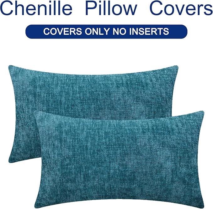 CaliTime Throw Pillow Covers Decorative 16 X 26 Inches Pack of 2 Cozy Chenille Cushion Cases for Couch Sofa Bed Living Room Home Ocean Blue