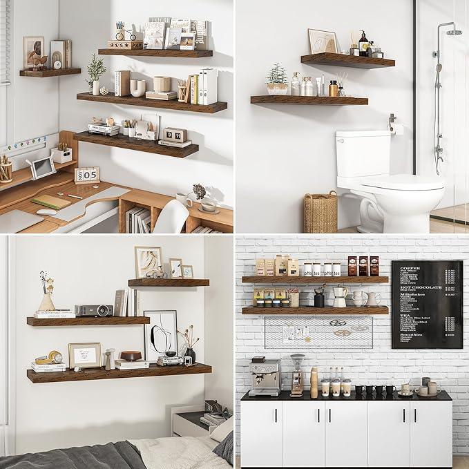 RICHFOCUS 36Inch Floating Shelves for Wall 2 Pack Shelves for Bedroom|Kitchen|Bathroom Wall Mounted Rustic Wood Floating Shelf with Invisible Brackets for Books|Storage|Decor, Rustic Brown