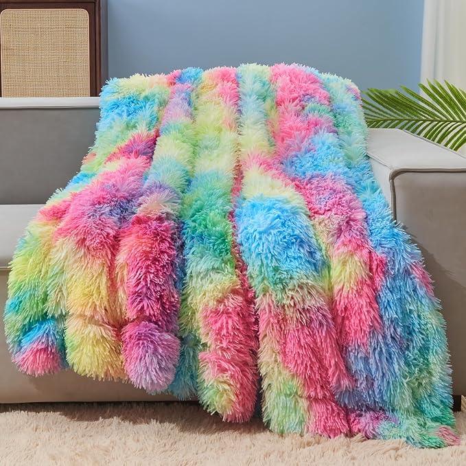 GONAAP Fuzzy Faux Fur Throw Blanket Dark Rainbow Super Soft Cozy Plush Fuzzy Shaggy Blanket for Couch Sofa Bed (Dark Rainbow, Throw(50
