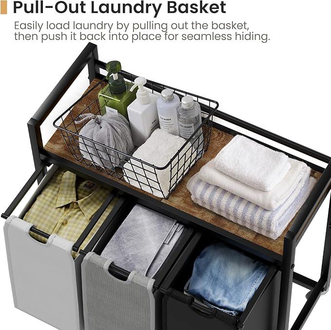 Laundry Hamper, Laundry Basket, Laundry Sorter with 3 Removable Bags, Clothes Basket with 3 Compartments, Wheels, Shelf for Laundry Room Bathroom Bedroom (3 Bags-Black Grey White)