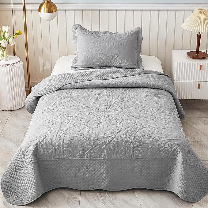 MarCielo 3-Piece 100% Cotton Oversized Bedspread Lightweight Quilt Coverlet Embroidery Farmhouse Bedding Set T0 (Light Grey, Twin (68