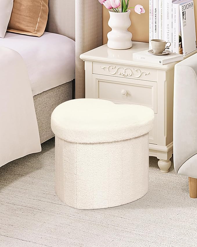 B FSOBEIIALEO Storage Ottoman Cube, Heart Shaped Ottomans with Storage Foot Stool Footrest for Lving Room, Boucle Ottoman Seat for Dorm Room,Faux Teddy Fur, Cream White 15