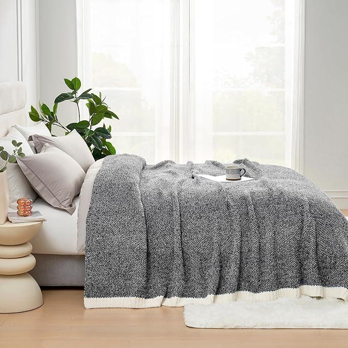 Snuggle Sac Heather Black Throw Blanket for Couch 50x70 inches, Super Soft Warm Blankets Cozy Knit Fuzzy Plush Lightweight Oversized Throws for Sofa, Bed, Camping, Picnic, Black, 50