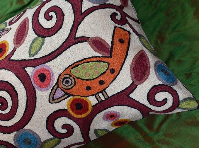 Lumbar Klimt Modern Pillow Cover | Cream, Multicolor Tree of Life, Birds, Floral Suzani Floral Pattern | 14