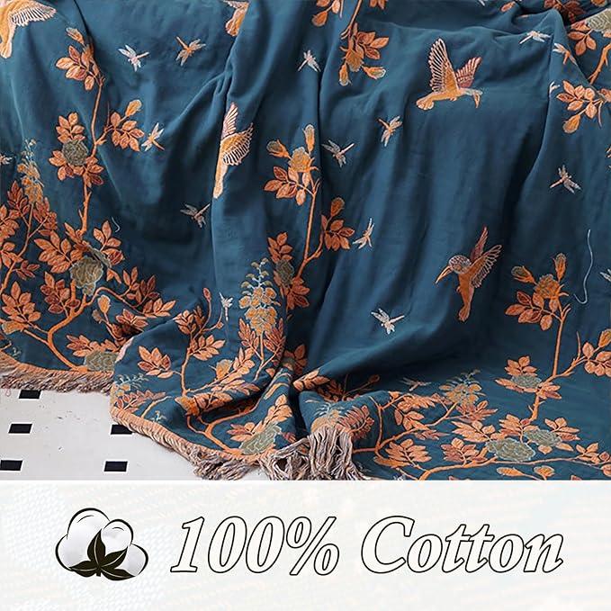 Snycler Boho Throw Blanket for Bed, 100% Organic Cotton Muslin Soft Throw-Floral Bird Farmhouse Rustic Spring Summer Fall Decor Blanket for Couch Sofa Quilt and Gift, 80