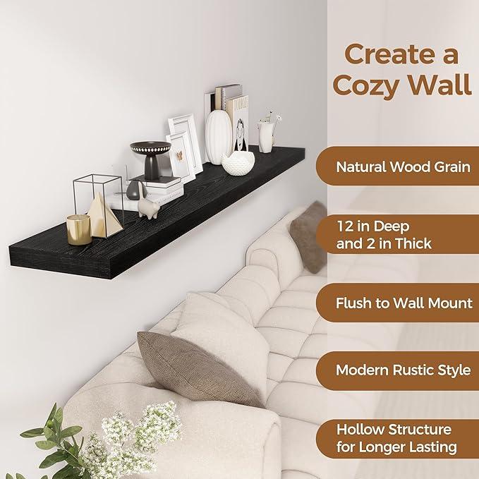 Fun Memories 72 Inch Floating Shelf, 12 Inch Deep Wall Shelf for Fireplace Mantel, Deep Storage Shelves for Home & Office, Wall Shelves with Invisible Bracket, Black, Set of 1