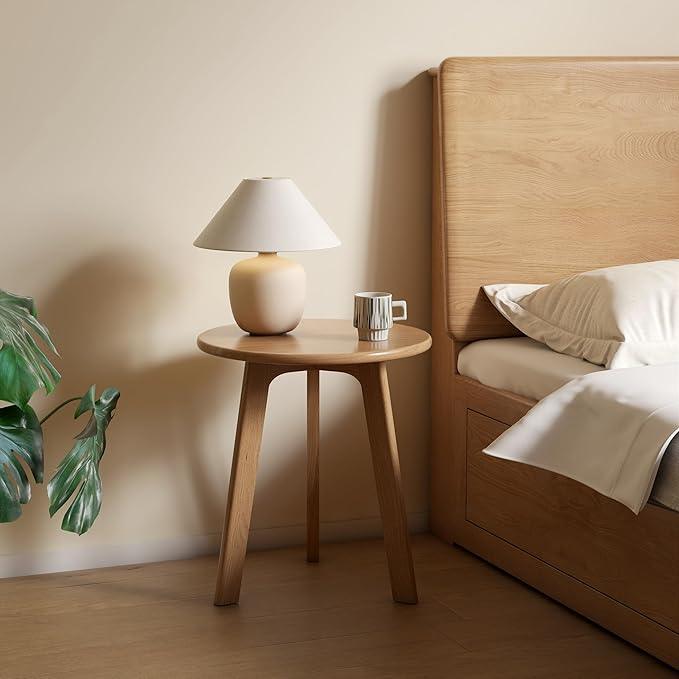 100% Solid Oak Round Side Table Set of 2, Small Bedside Table for Small Spaces, Living Room End Table with Stable Frame, Modern Nightstand for Bedroom Couch(Natural, 17.71