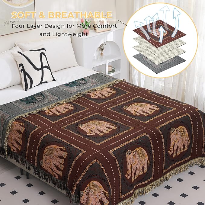 Boho Throw Blanket for Bed with Tassels,100% Cotton Ultra Soft and Cozy Large Blanket Elephant Printed Farmhouse Decor Bed Blankets,80