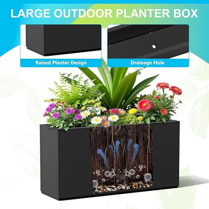 FENCY Metal Rectangular Planter Box, Large Planters for Outdoor Plants, Tall Planters for Outdoor Plants with Drainage Holes (32