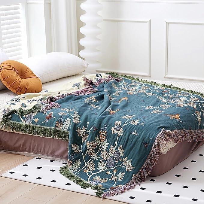 Snycler Boho Throw Blanket for Bed - 100% Cotton Ultra Soft Rustic Quilt Blanket Green Floral Bird Printed Farmhouse Decor Bed Blankets, 80