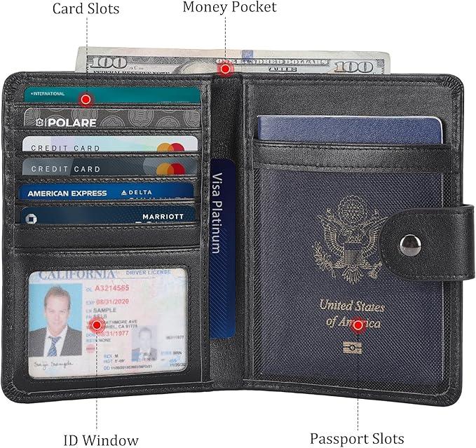 Polare Luxury RFID Blocking Leather Passport Holder Travel Wallet For Men and Women (Black with AirTag Slot(Snap Version))