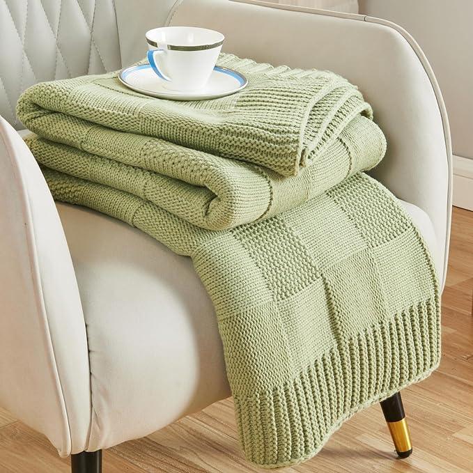 CozeCube Check Knit Throw Blanket, Sage Green Checkered Throw for Couch, Decorative Christmas Soft Cozy Warm Knitted Blanket for Bed Sofa Living Room, 60