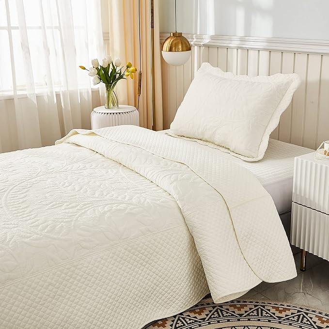 MarCielo 3-Piece 100% Cotton Oversized Bedspread Lightweight Quilt Coverlet Embroidery Farmhouse Bedding Set T0 (Bright White, Twin (68