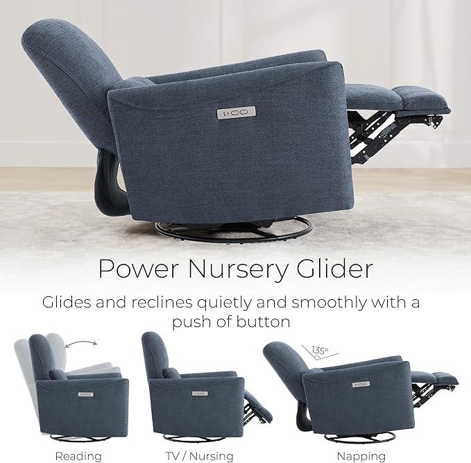 CHITA Power Recliner Chair Swivel Glider, FSC Certified Upholstered Fabric Living Room Nursery Reclining Sofa Chair with Lumbar Support, Ink Blue