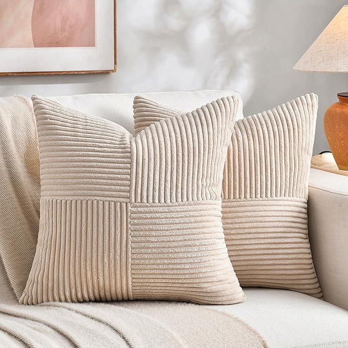 Fancy Homi 2 Packs Tan Decorative Throw Pillow Covers 16x16 Inch for Living Room Couch Bed Sofa, Farmhouse Boho Home Decor, Soft Corss Patchwork Corduroy Textured Square Beige Cushion Case 40x40 cm