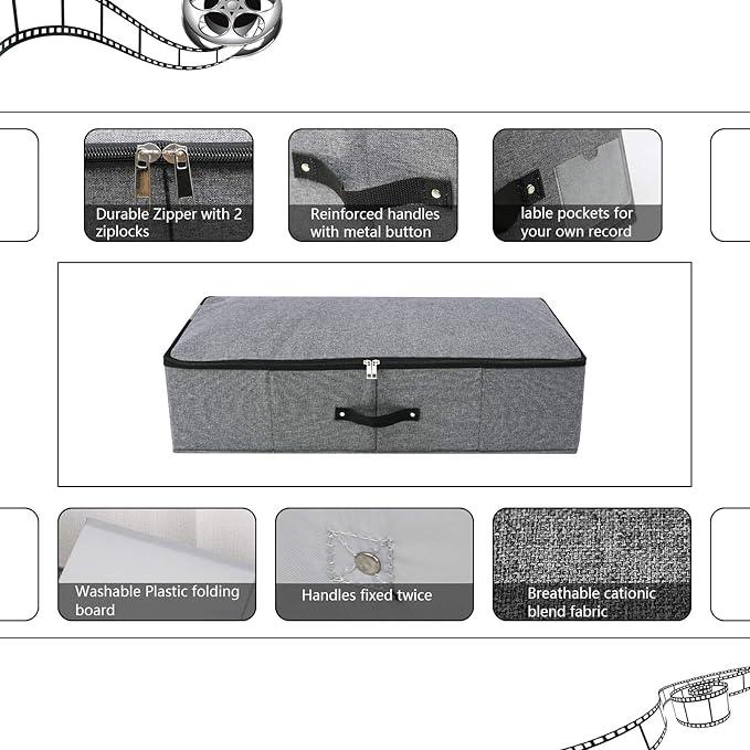 2PCS Foldable Under Bed Storage Box with Plastic Support Liner, Handles, Zipper lid, Blankets Clothes Comforters Storage Bin Organizer for Bedroom and Closet, 29×15×7inch, Black Grey