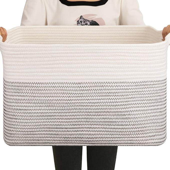 OIAHOMY 65L Blanket Basket, Cotton Rope Woven Blanket storage for Living Room, Rectangle Woven Baskets for Storage, 20''×16''×12'', Black and White