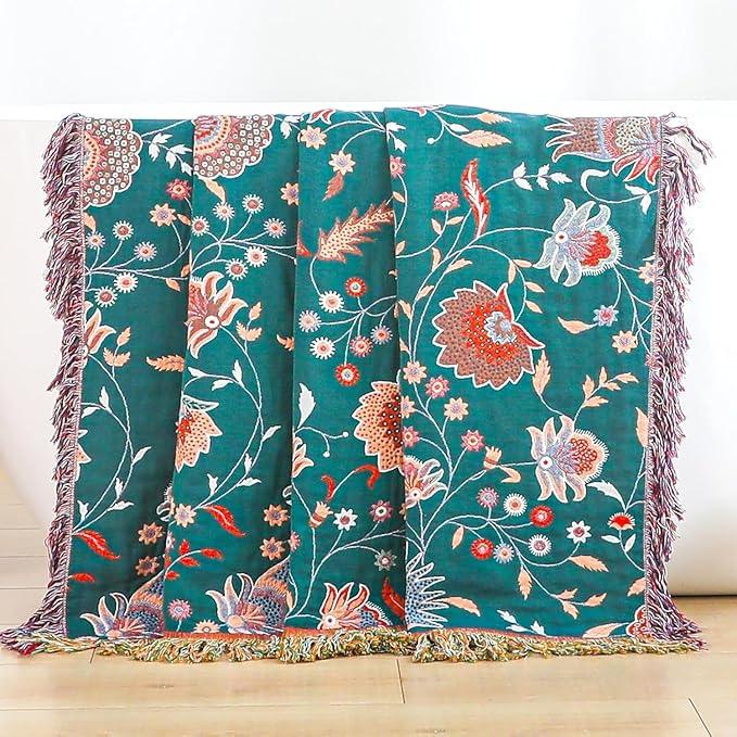 Boho Throw Blanket for Bed,100% Ultra Cotton Soft Breathable Bed Throw Floral Printed Farmhouse Decor Rustic Bed Throws for Couch Sofa Quilt White Flowers 60