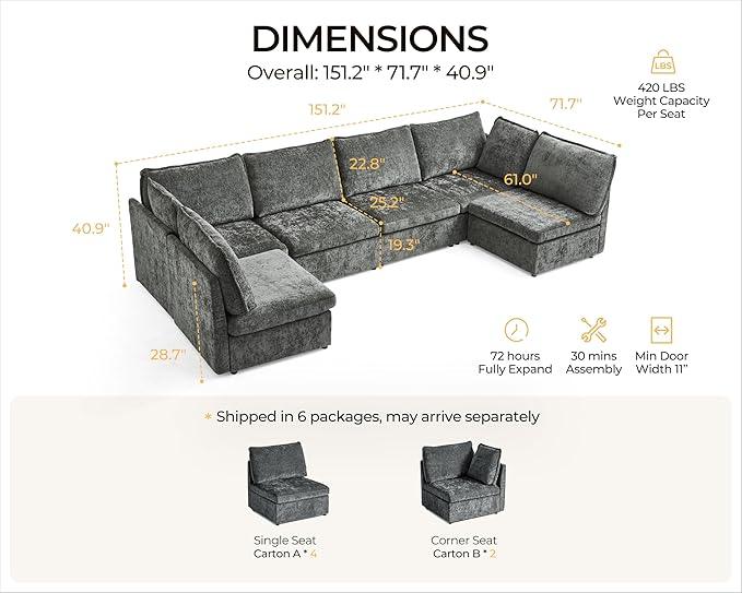 Oversized Modular Sofa Comfy Cloud Couch with Storage, Extra Deep Plush Sectional Sofa Set for Living Room, Covers Washable, Chenille, Olar (Grey, 6-Seater with 2 Corners, u-Shaped)