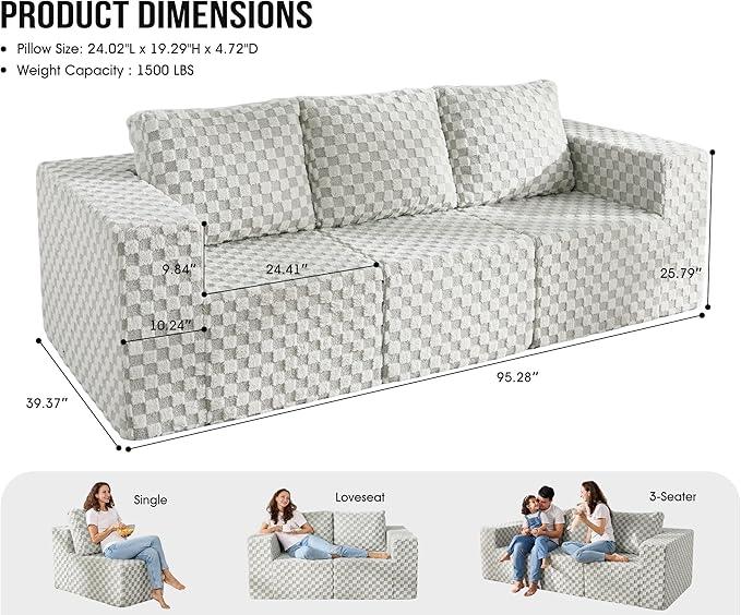 Modular Sectional Sofa 3-Seater Modular Couch with Deep Seat Memory Foam Cloud Chair with Pillows Oversized Sectional Sofa for Living Room Bedroom (Plush GREYOLIVE, 3-Seater)