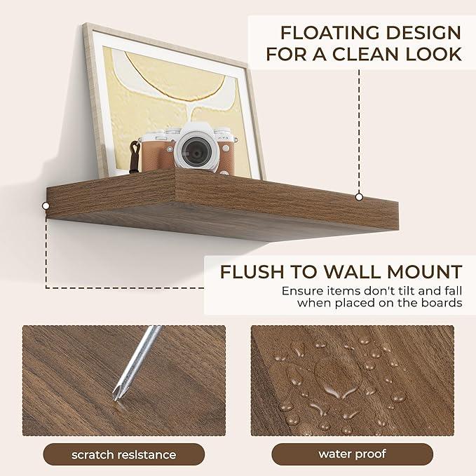 RICHFOCUS 16Inch Floating Shelves for Wall 2 Pack Shelves for Bedroom|Kitchen|Bathroom Wall Mounted Rustic Wood Floating Shelf with Invisible Brackets for Books|Storage|Decor, Walnut