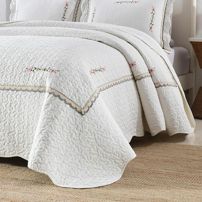 MarCielo 3-Piece 100% Cotton Oversized Bedspread Lightweight Quilt Coverlet Embroidery Farmhouse Bedding Set (Sakura White, Oversized Queen (100