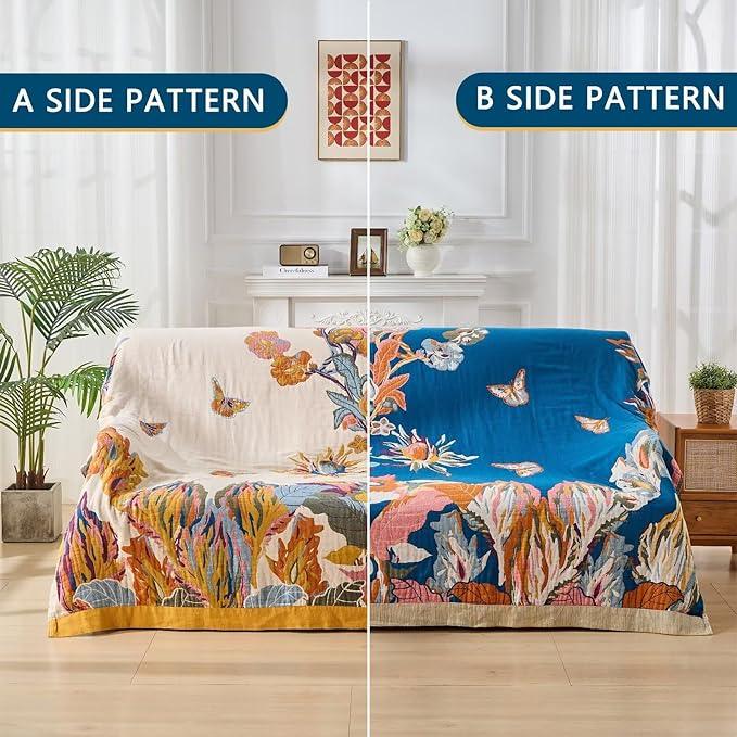 100% Muslin Throw Blanket for Couch, Butterfly and Floral Double Embroidery Summer Throw Blanket 60