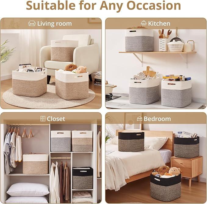 OIAHOMY 13 Kallax Inch Cube Storage Bins, 3-Pack Cotton Rope Woven Baskets for Organizing, Kallax Insert Storage Baskets for Shelves, Baby Nursery, Closet Organizer, 13*13*12.6IN, Grey & White