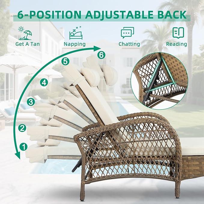 VIVIJASON Outdoor Wicker Chaise Lounge Chair, All-Weather PE Rattan Cushioned Patio Lounger Set with Side Table, 6-Position Adjustable Outside Pool Sunbathing Recliner with Armrest & Pillow, Beige