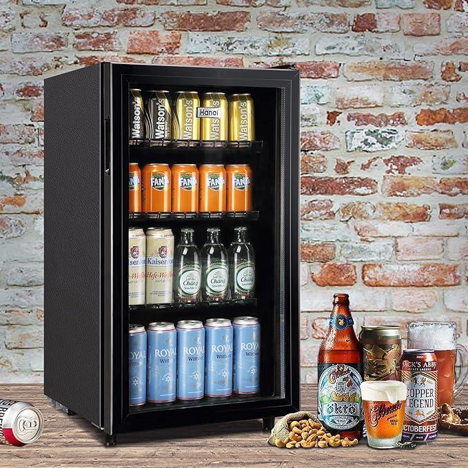 WANAI Mini Fridge Cooler 125Cans Beverage Refrigerator Glass Door Beverage Cooler for Beers Wine Juicer Adjustable Shelves LED Lights for Home, Office or Bar