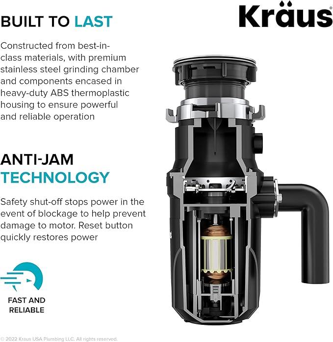 KRAUS WasteGuard 1/2 HP Continuous Feed Ultra-Quiet Motor Garbage Disposal with Quick Connect Mount, Power Cord and Flange Included, KWD110-50MBL