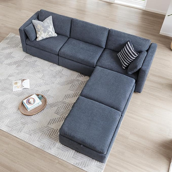CHITA Oversized Modular Cloud Sectional Sofa Set, FSC Certified U Shaped Couch with Reversible Chaise Modular Sectional Couch, 112 inch Width,5 Seat Modular Sofa Includes 2 Storage Ottomans, Blue