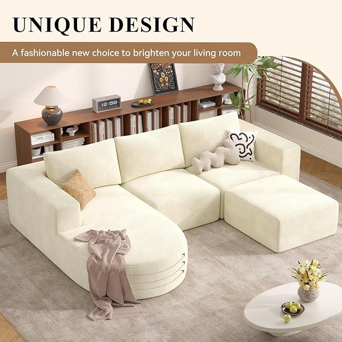 Modular Sectional Sofa with L-Shape Chaise,Cloud Sectional Modern Sleeper Couch with Deep Seat,Sponge Compression Sofas No Assembly Required (Beige-Corduroy Fabric) 1pcs