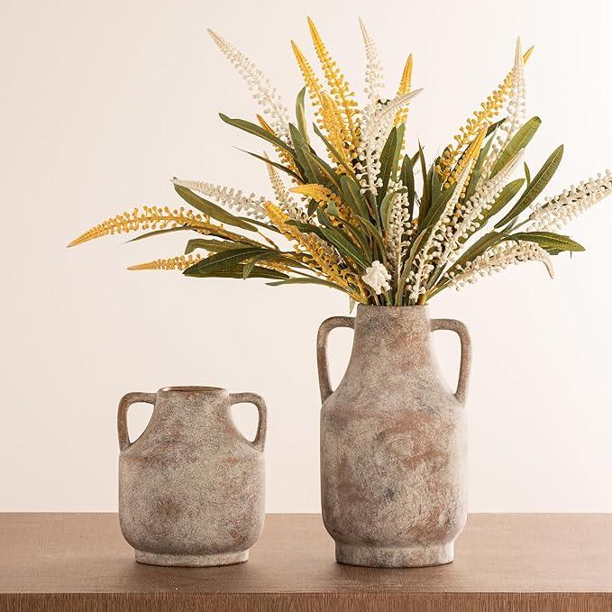 Mitt&Ditt Ceramic Flower Vase with Handles, 8 inch Tall Off-White Vase, Decorative Terracotta Vases, Farmhouse Rustic Pottery Vases for Home Decor, Living Room, Table