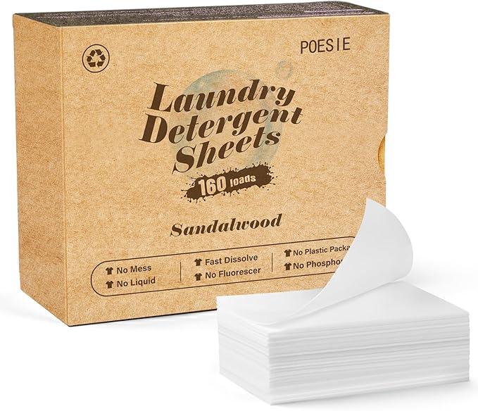 Poesie Laundry Detergent Sheet Sandalwood Scent 160 Sheets Non Plastic Washing Sheets Detergent Travel Laundry Kit No waste Portable Soap Sheet for Machine Wash & Hand Wash