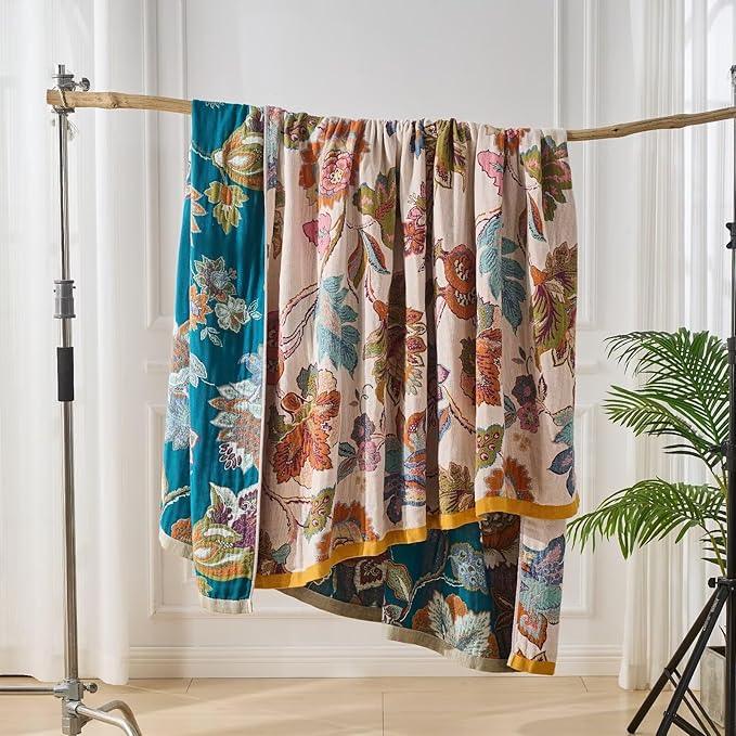 Boho Throw Blanket Reversible Muslin Bohemian Tapestry, Flower Decorated Bohemian Sofa Blanket, Lightweight Breathable 100% Cotton Throw Blanket, Chair Blanket, 50