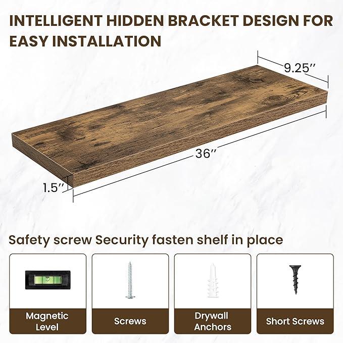 36 Inch Floating Shelves, 12 Inch Deep Floating Shelves for Wall, Floating Shelf with Invisible Brackets, Deep Shelves for Bathroom, Bedroom, Living Room, 2 Pack, Brown