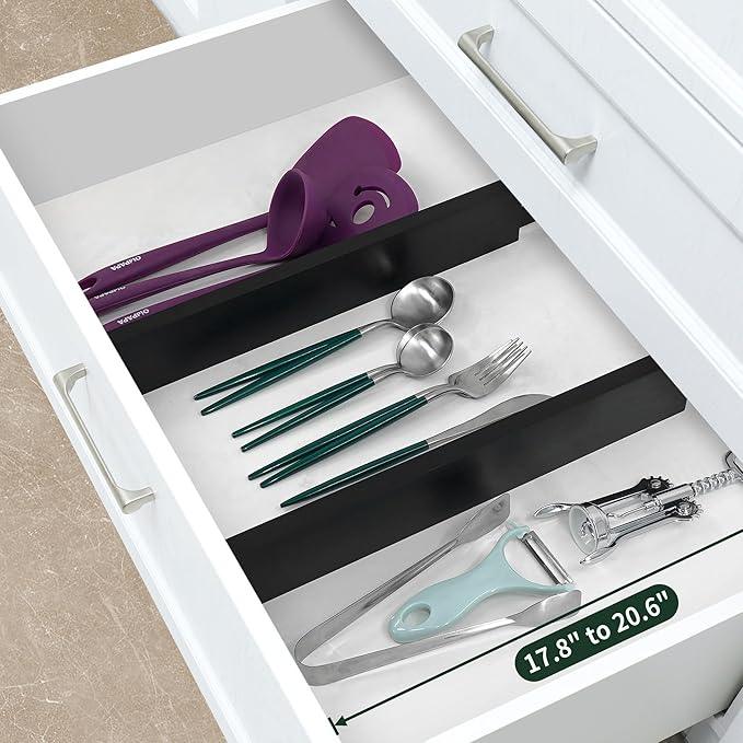 Utoplike 4 pcs Bamboo Kitchen Drawer Dividers Large, Adjustable Black Drawer Organizers, Spring Loaded, Works in Kitchen, Dresser, Bathroom, Bedroom, Drawer, Desk, 2.4