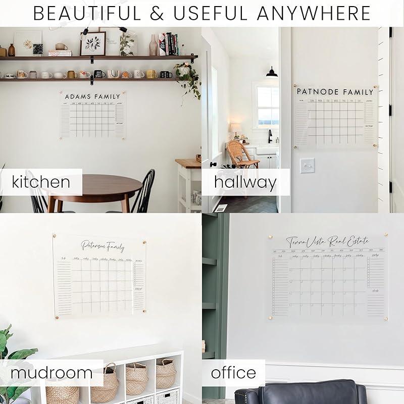 Personalized Clear Acrylic Calendar for Wall, Calendar Whiteboard for Wall, Dry Erase Wall Calendar, Wall Calendar Organizer System for Home (Cursive, White, 47.5