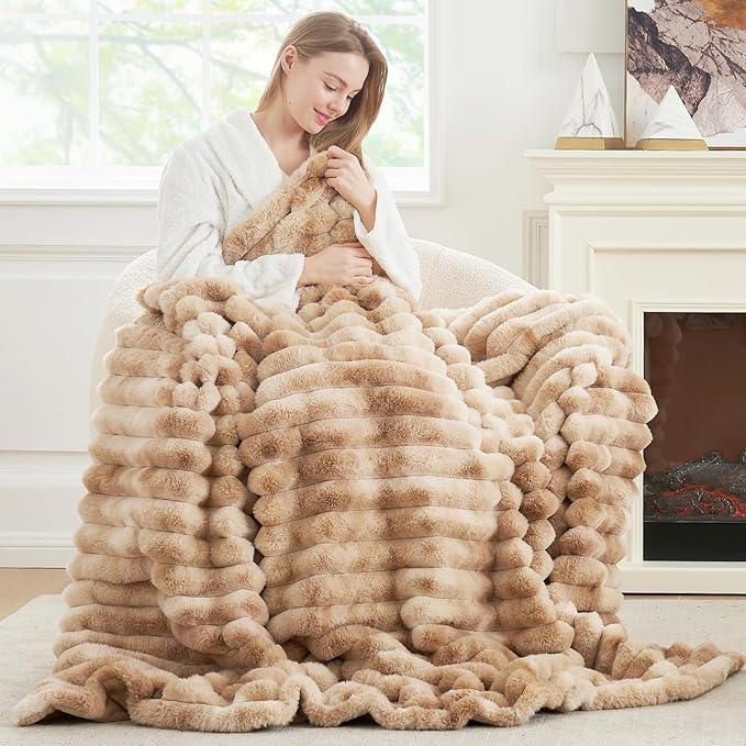 Cozy Bliss Faux Fur Throw Blanket for Couch, Cozy Warm Plush Striped Blanket for Sofa Bedroom Living Room, 50 * 60 Inches Tie-dye Kahki