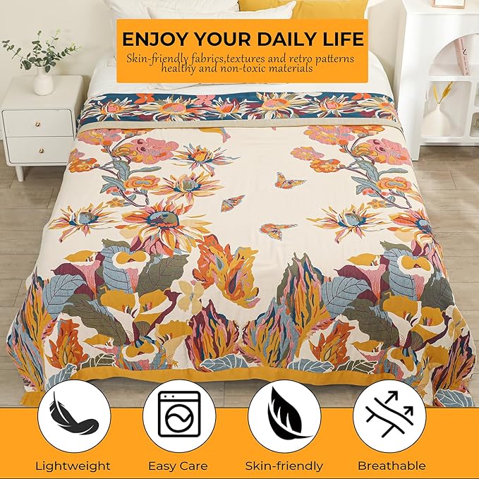Boho Throw Blanket for Bed,100% Cotton Breathable Muslin Soft Throw, Fall Bed Throw Blanket Floral Bird Butterfly Printed Decor Large Blankets,80
