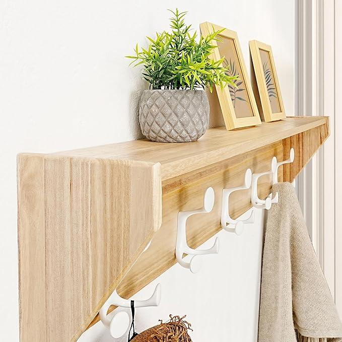 SKOLOO Wall Shelf with Hooks, 24-Inch Coat Rack Wall Mount with Shelf Organizer - Lightweight & Sturdy, 5 Tri Hooks - Perfect for Entryway, Hallway, Living Room, Bedroom, Mudroom, Natural & White