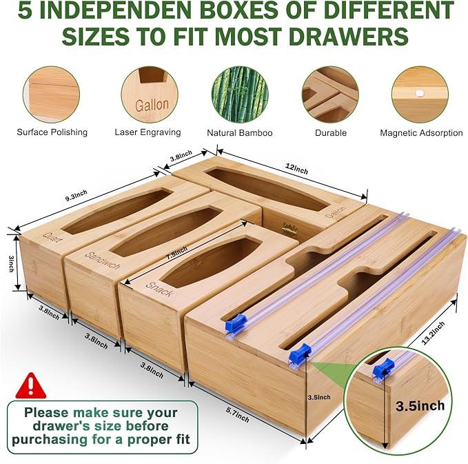 Individual Storage Bag Organizer for Kitchen Drawer, Bamboo with Foil and Plastic Wrap Organizer for Kitchen Organizers and Storage, for Gallon, Quart, Sandwich, Snack