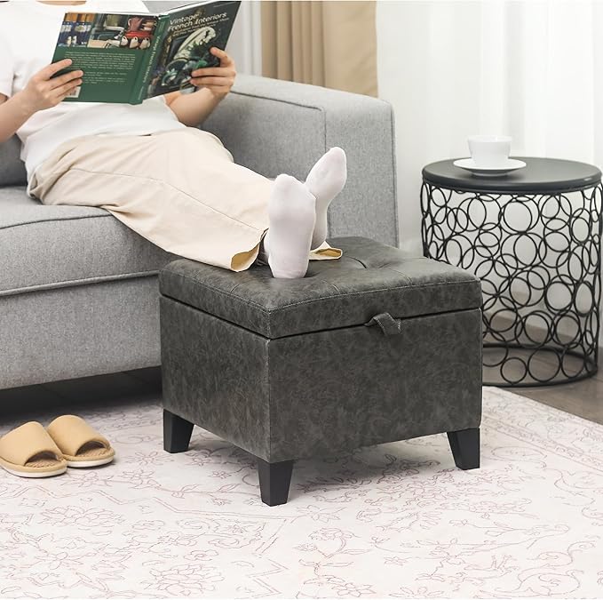 Adeco Faux Leather Storage Ottoman Bench with Wood Legs, 17.7