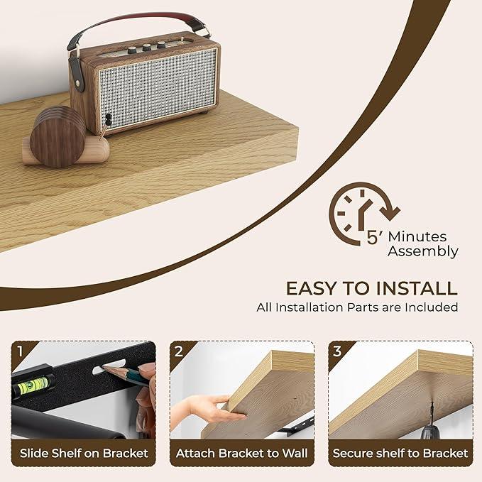 RICHFOCUS 72Inch Floating Shelves for Wall 2 Pack Shelves for Bedroom|Kitchen|Bathroom Wall Mounted Rustic Wood Floating Shelf with Invisible Brackets for Books|Storage|Decor, Oak