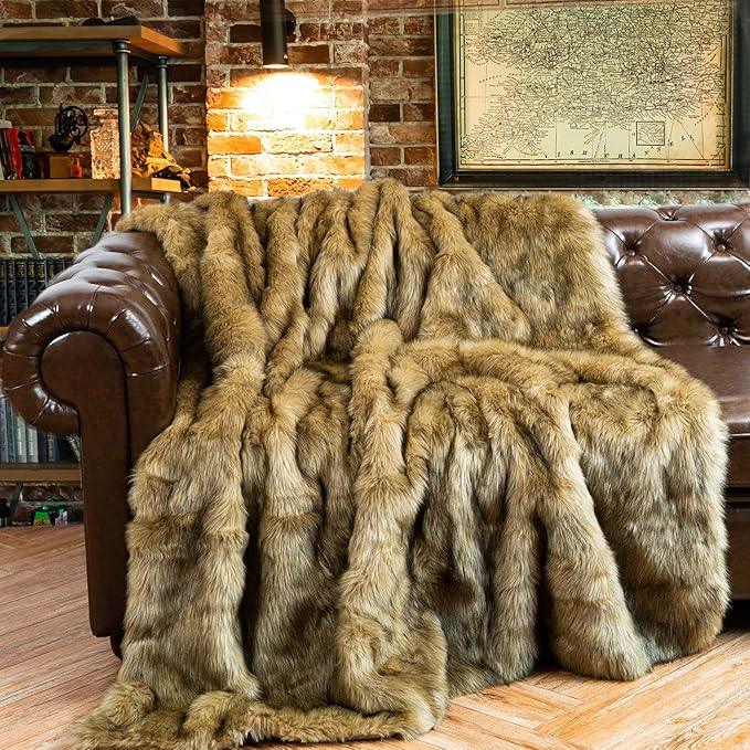BATTILO HOME Luxury Golden Faux Fur Blanket, 60