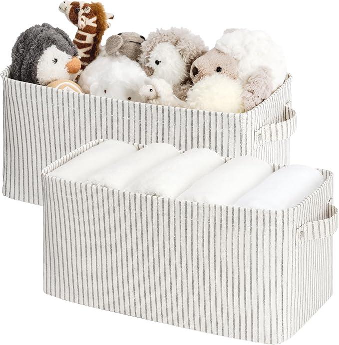 StorageWorks Narrow Storage Bins, Small Basket for Closet and Shelves, Rectangular Fabric Organizer with Handles, Toilet Paper Storage, Gray and White, 2-Pack